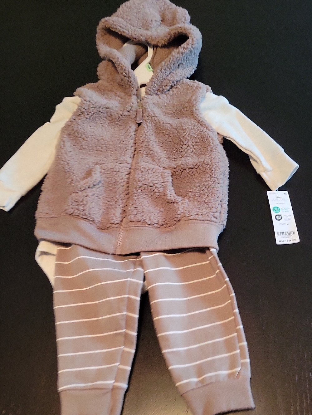 Cozy Fuzzy Hooded Vest & Striped Jogger Set - Taupe & Cream